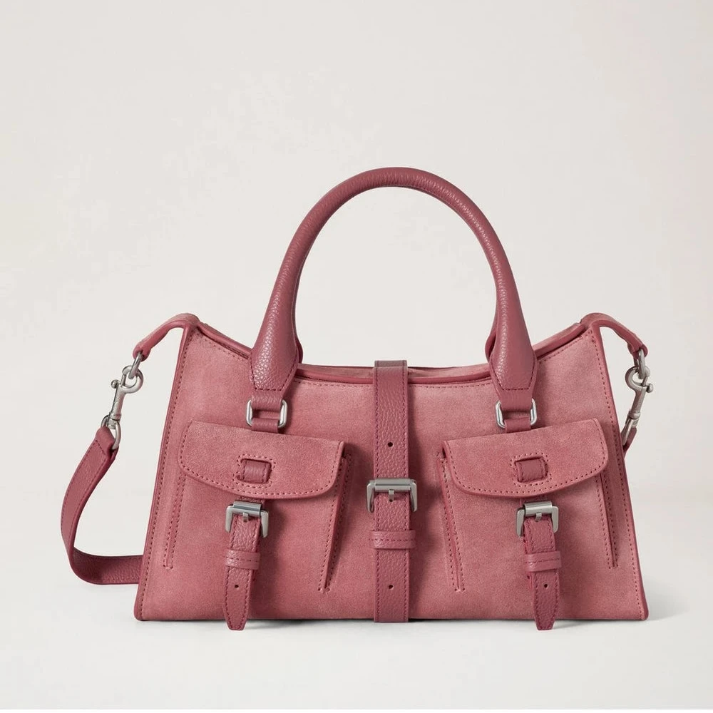 Mulberry Small Roxanne Pink Scrumpy Suede handbag with two front pockets and strap. Model HH9979047J647.