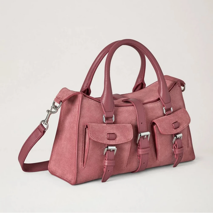 Mulberry Small Roxanne Pink Scrumpy Suede handbag with double handle, pockets and strap. Model hh9979047j647