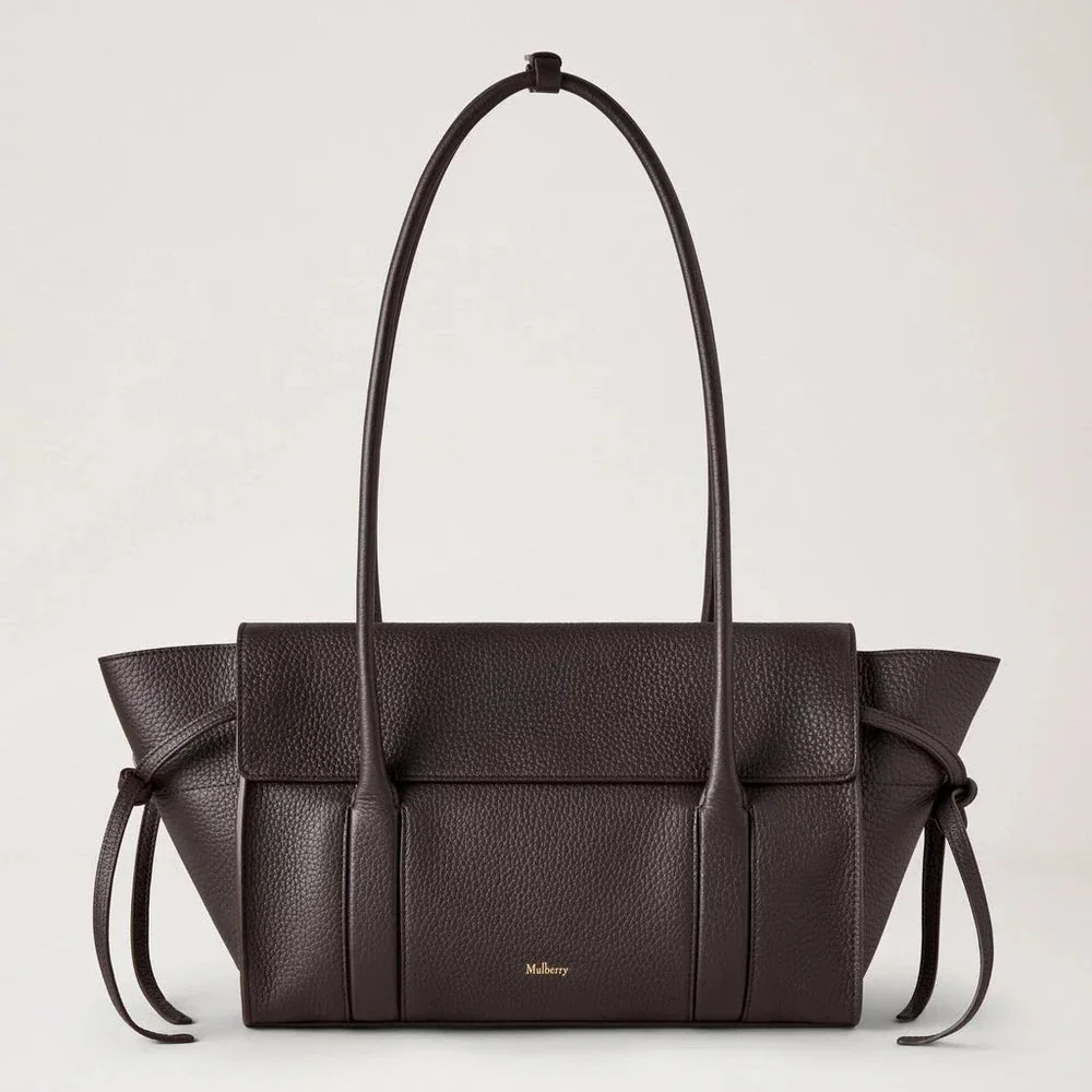 Mulberry Small Soft Bayswater Heavy Grain Ebony, elegant dark brown leather bag with long handles. Model hh9382736a110.