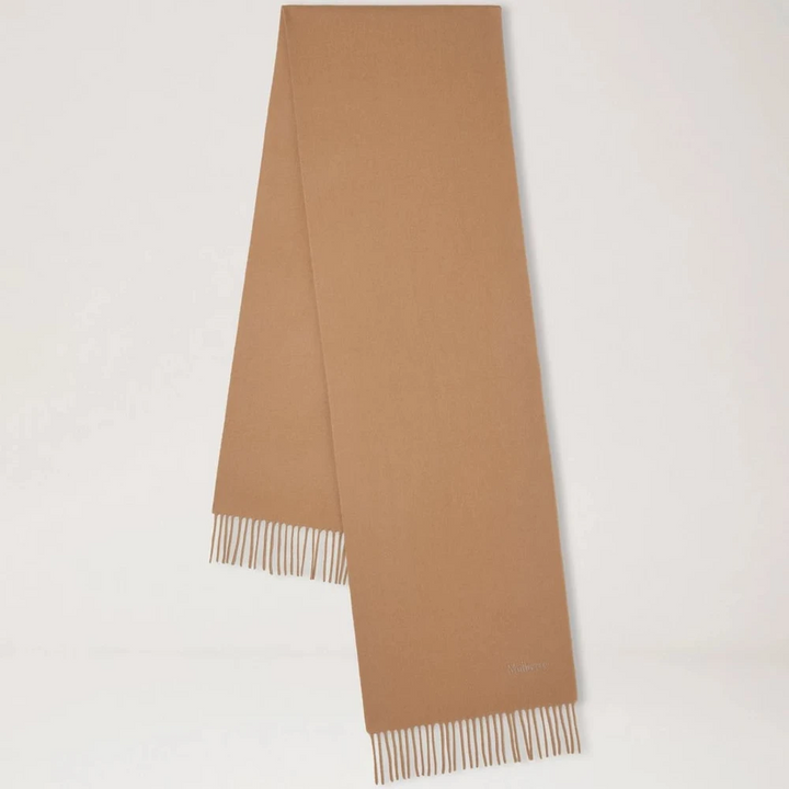Mulberry Small Solid Merino Wool Scarf in camel, elegant plain scarf with fringes. Model VS4318946H150