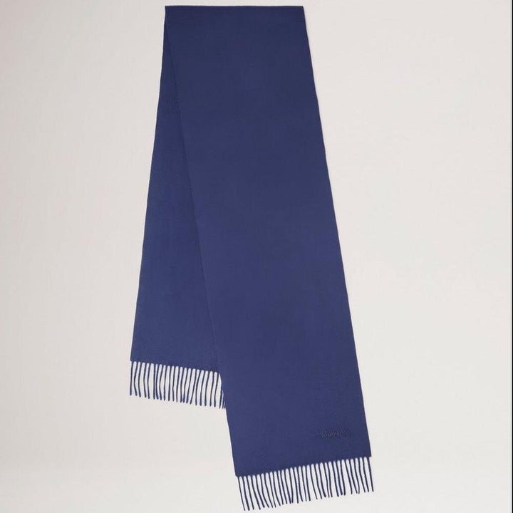 Mulberry Small Solid Merino Wool Scarf night sky, plain dark blue wool scarf with fringes. Model vs4318946u888
