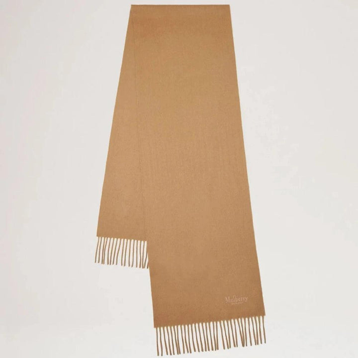 Mulberry Small Solid Merino Wool Scarf in teak colored wool with frayed edge, shown flat. Model VS4318946F180