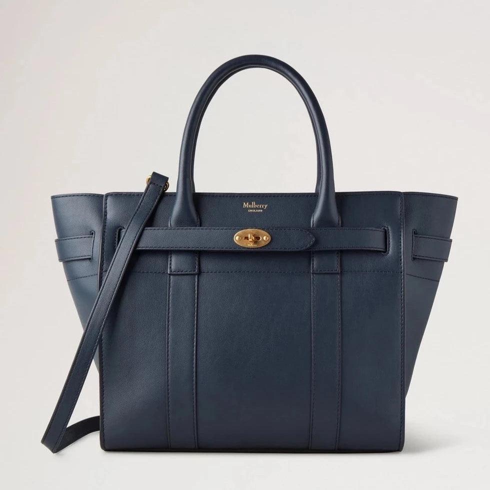 Mulberry Small Zipped Bayswater Night Sky leather bag in dark blue with gold buckle, model HH9066587U888