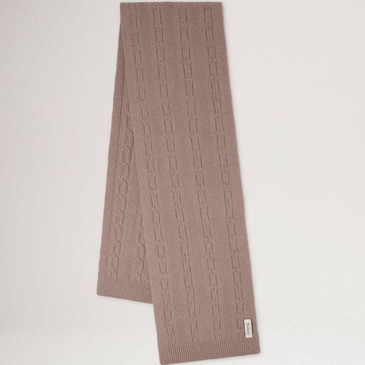 Mulberry Softie Chain Cable Knit Scarf in warm maple colored wool, lying stretched out. Model VS4760969E631