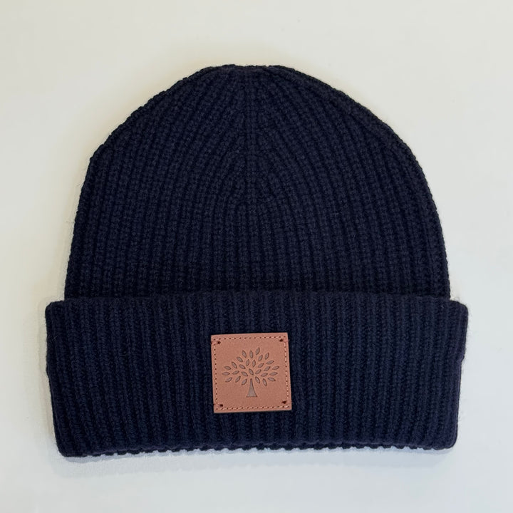 Mulberry Solid Wool Beanie Night Sky in dark blue wool with leather label on the front, Model VH4162163U888.