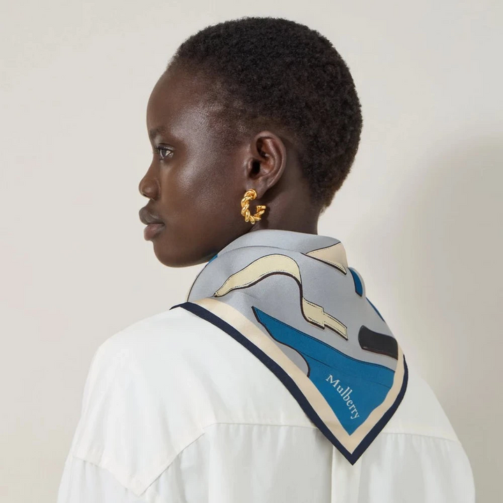 Mulberry Square Scarf Bayswater Workshop Light Gray Silk Twill, elegant silk scarf in light gray and blue, Model VS4864143D100