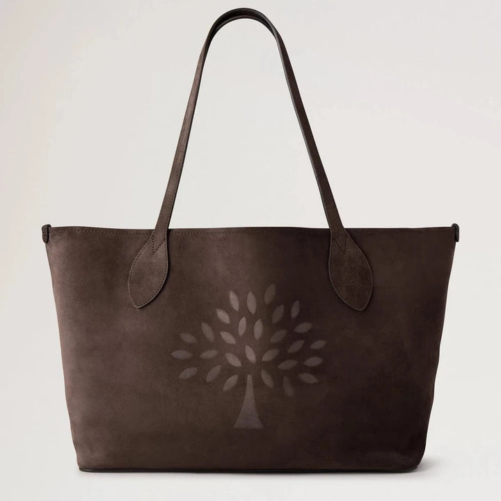 Mulberry Suede Tree Tote Chocolate Suede, roomy brown bag in suede with a tree motif. Model hh9870047f614