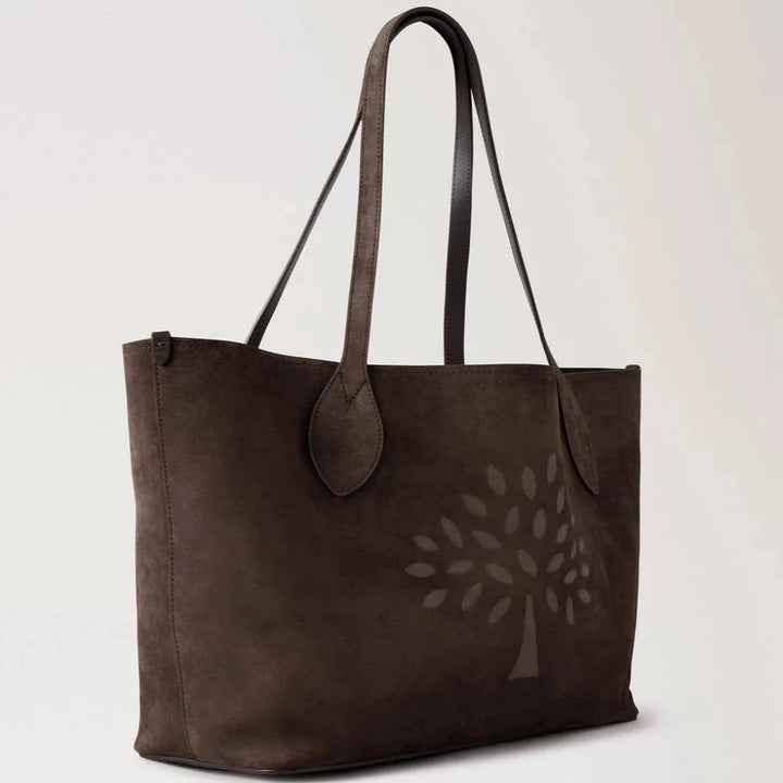 Mulberry Suede Tree Tote Chocolate Suede with carved tree motif, long handle and brown suede. Model hh9870047f614