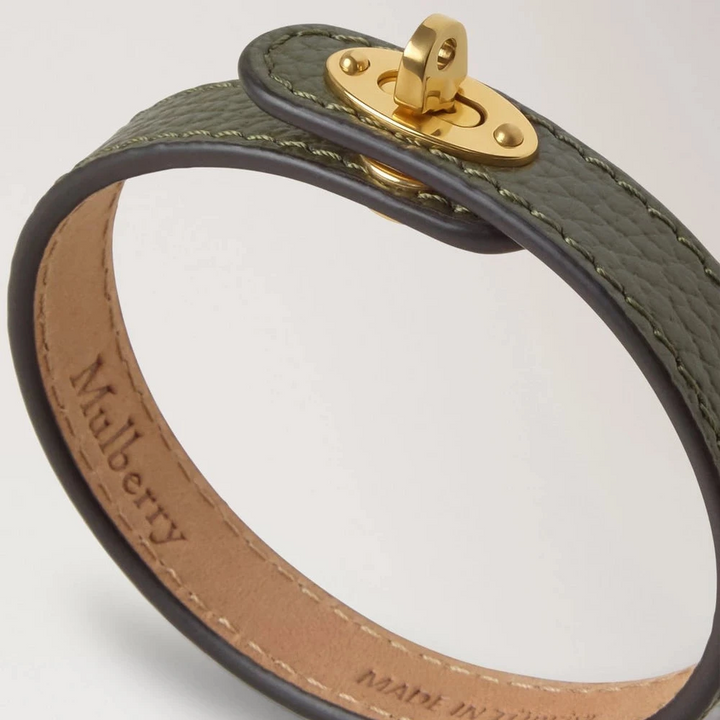 Mulberry Thin Leather Bracelet in juniper green with gold-coloured buckle, leather details. Model QB2390205Q749