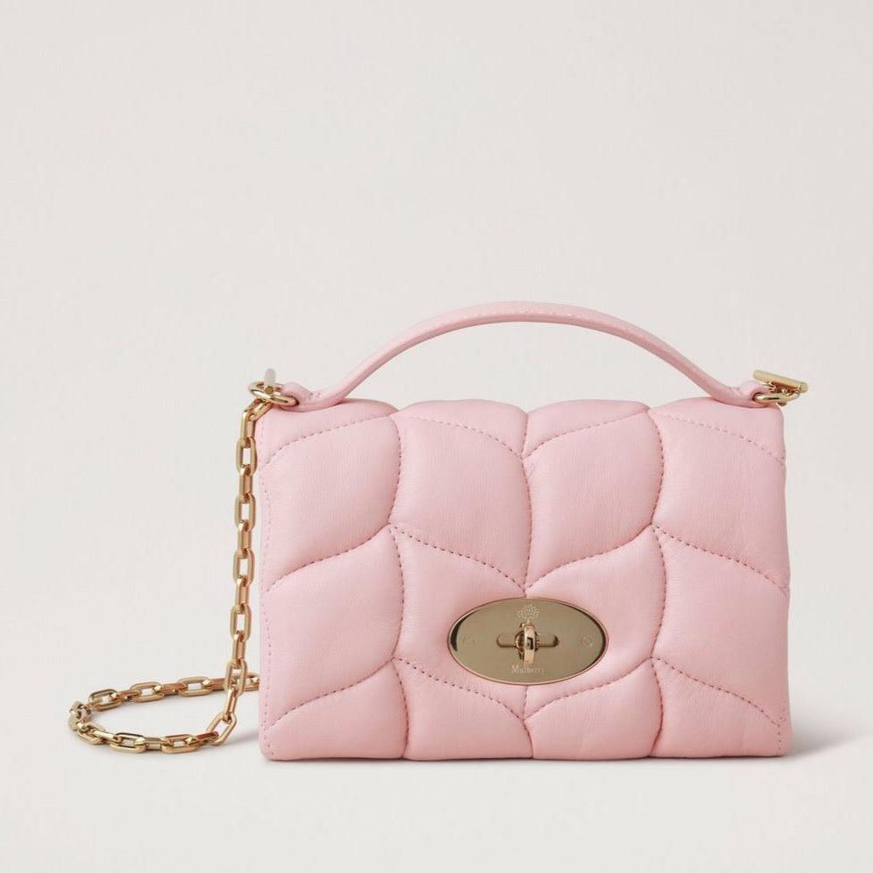 Mulberry Tiny Softie Nappa Powder Rose features a pink quilted bag with chain strap and metal buckle, Model RL7453/530J999.