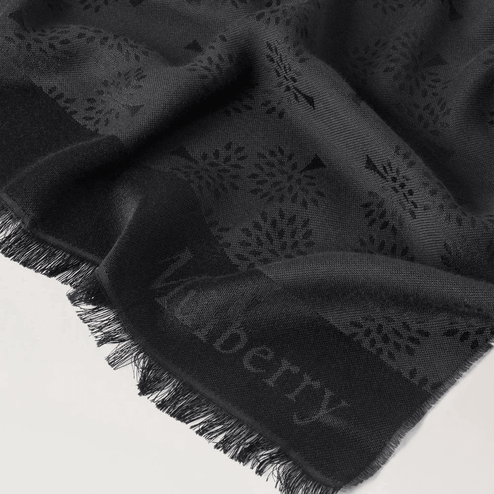 Mulberry Tree Rectangular Scarf Black Cotton Silk Blend with woven pattern and fringe, Model VS4638708A100