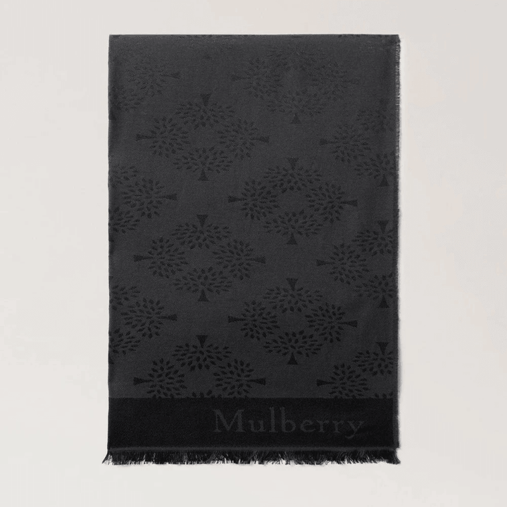 Mulberry Tree Rectangular Scarf black cotton-silk blend with woven logo and tree pattern, Model VS4638708A100