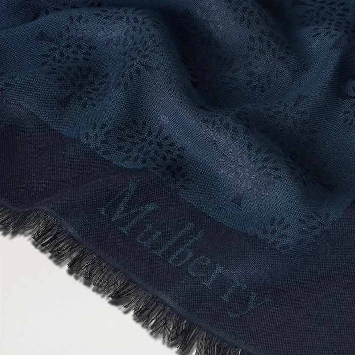 Mulberry Tree Square Night Sky Cotton Silk Blend scarf in dark blue with fringes, Model VS4639709U888-3