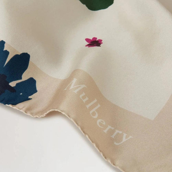 Mulberry Winter Floral Square Scarf silk scarf detail with beige border, flower print, Model VS4829087H712