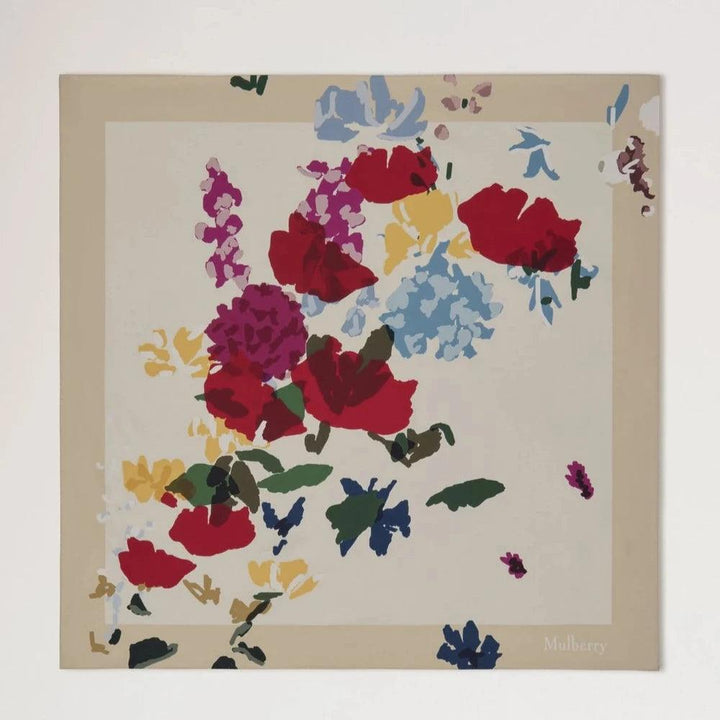 Mulberry Winter Floral Square Scarf silk scarf with multicolored floral print on light base. Model VS4829087H712