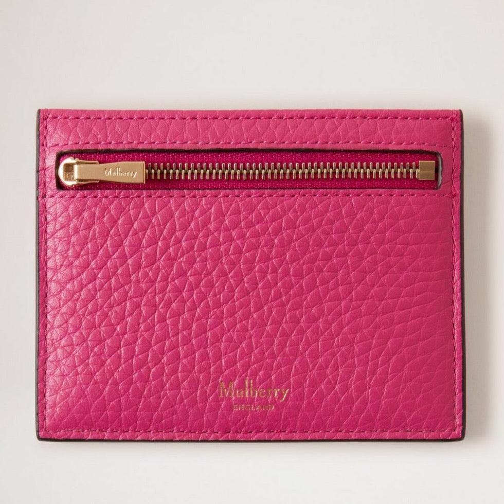 Mulberry Zipped Credit Card Slip in pink leather with golden zipper, front view. Model RL6765736J191