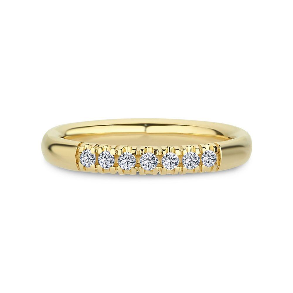 Nuran 14kt Champagne Diamond Ring shows an elegant gold ring with seven clear diamonds in a row. Model a3088-014rg-001.