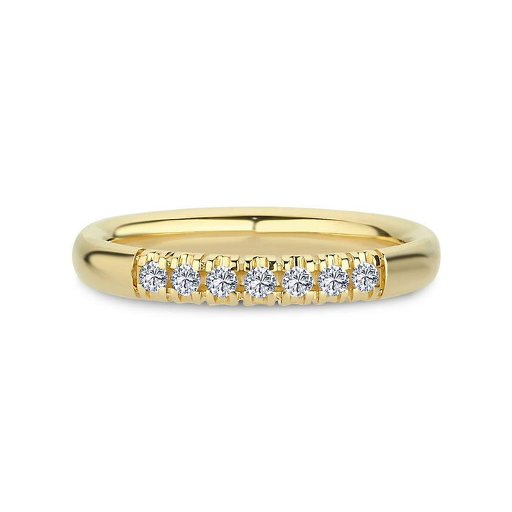 Nuran 14kt Champagne Diamond Ring shows an elegant gold ring with seven clear diamonds in a row. Model a3088-014rg-001.