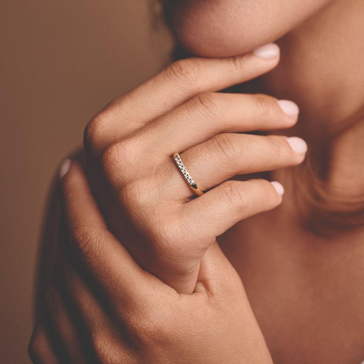 Nuran 14kt Champagne Diamond Ring worn on hand, elegant design in gold with sparkling diamonds. Model a3088-014rg-001