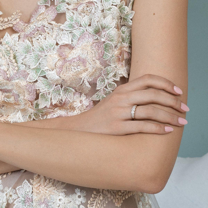 Nuran 14kt Duchess Ring 0.57ct W SI A2450-057-RG-001 shown on hand with delicate pink manicure, Model A2450-057-RG-001.