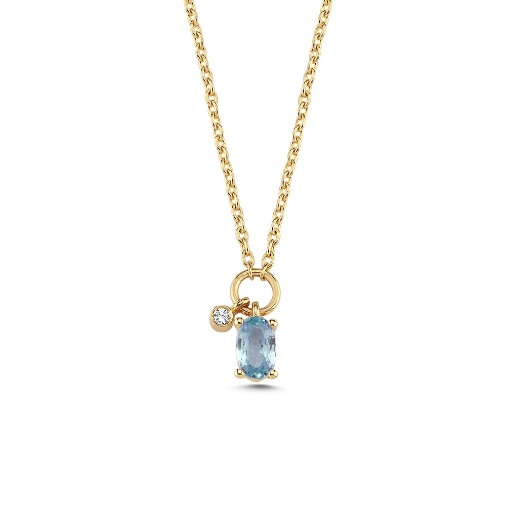 nuran-gaia-14kt-necklace-bla-sapphire-and-0-01ct-w-si-v2570sa-001rg. Elegant necklace in yellow gold with blue sapphire and small clear stone. Model v2570sa-001rg