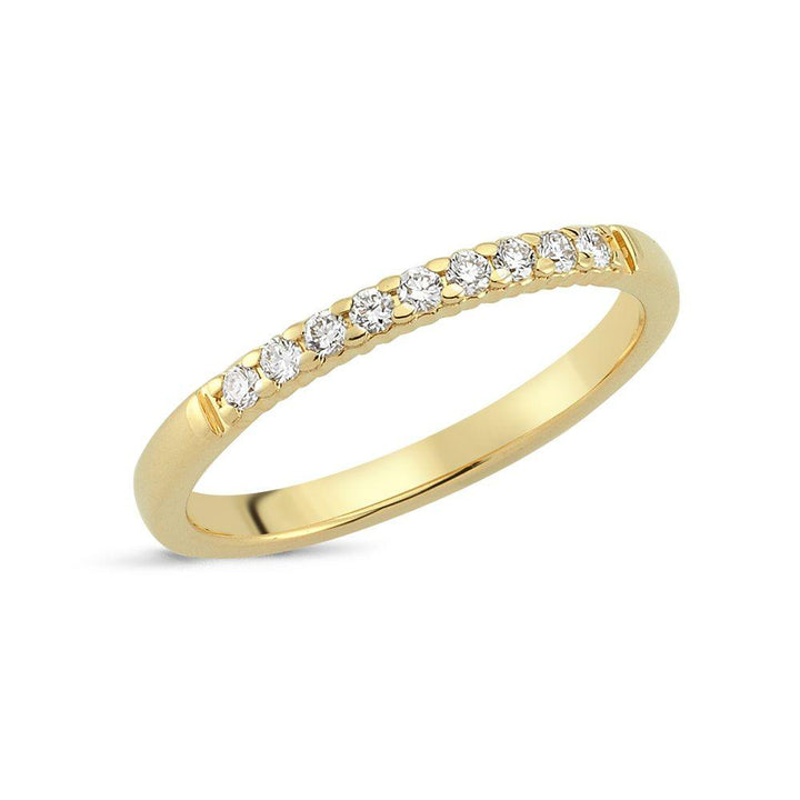 Nuran Lucca gold ring with diamonds shown close up, slim gold ring with nine small diamonds. Model a2428-015rg-001