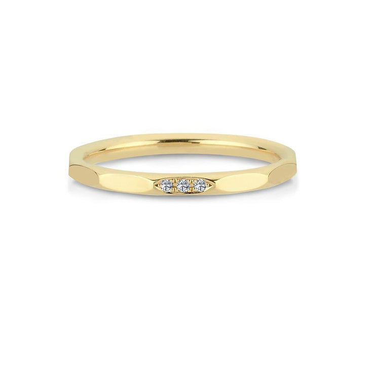 Nuran Noelle 14kt gold ring 0.015ct WSI with three small diamonds in shiny gold surface. Model a3065-0015rg-001-1