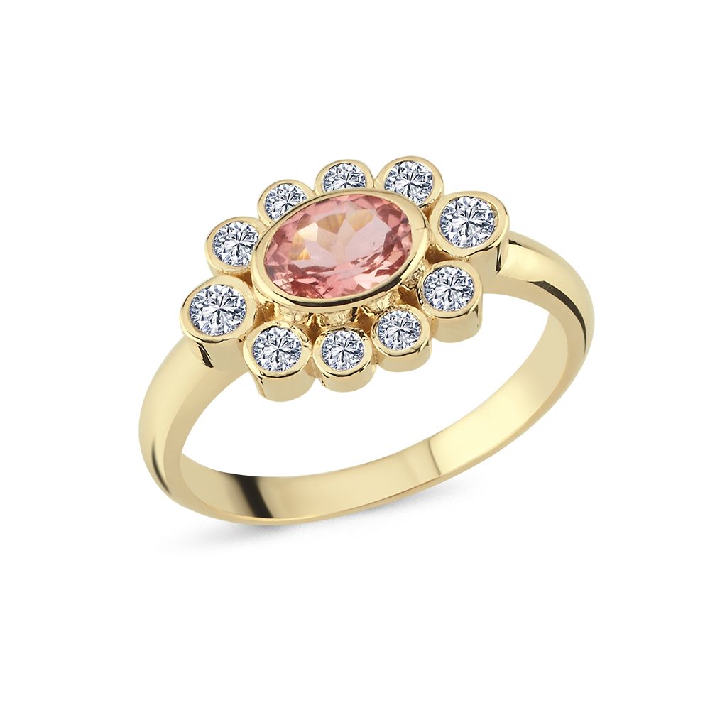 Nuran Royal 14kt ring with tourmaline and brilliants, elegant gold ring with pink stones and clear diamonds. Model R2523TU-056RG-001