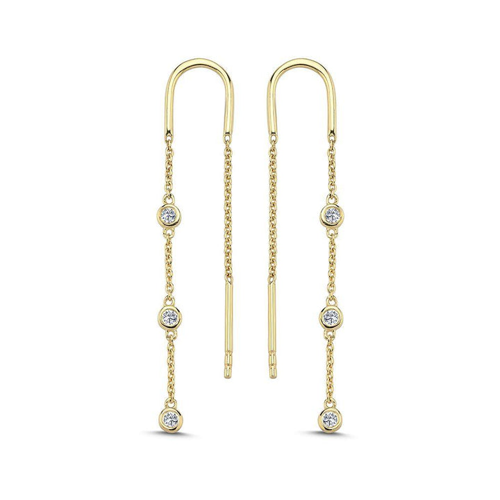 nuran-zoe-14kt-gold-chain-earrings-with-diamonds, elegant long chain earrings in yellow gold with three sparkling diamonds. Model o1002-015rg-1
