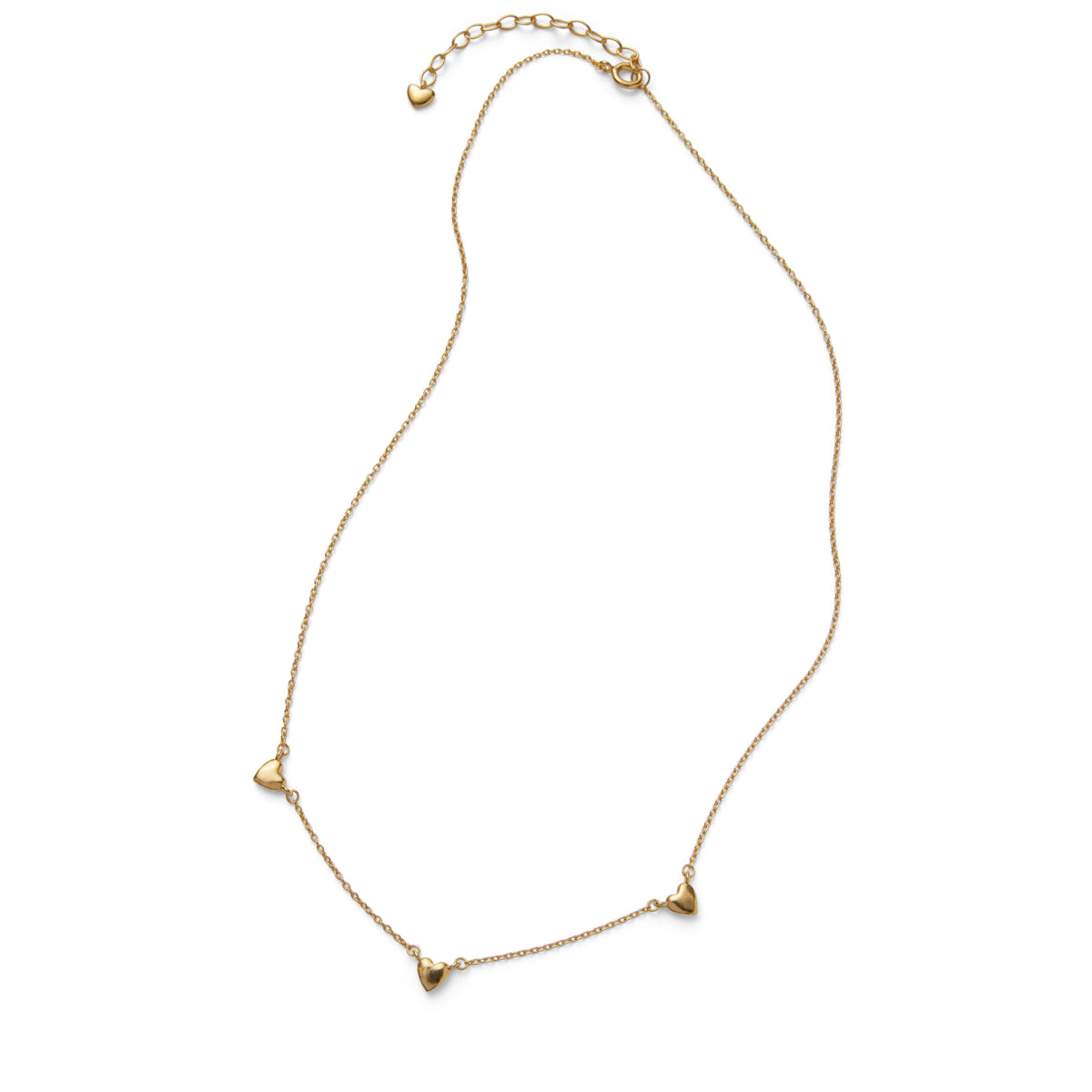 Pernille Corydon Adore necklace in gold-plated silver with three small heart pendants on the chain. Model N-508-GP