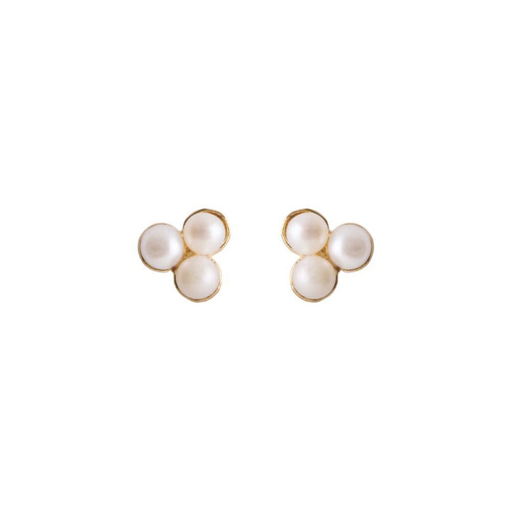 Pernille Corydon Bay gold-plated stud earrings with three round white freshwater pearls on a white background. Model E-446-GP-2