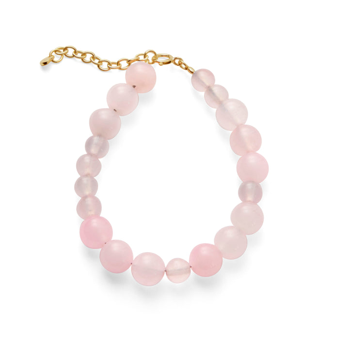 Pernille Corydon Blush gold plated bracelet with round rose quartz beads, adjustable chain closure. Model B-526-GP-1