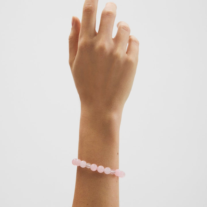 Pernille Corydon Blush gold-plated bracelet with rose quartz worn on the wrist, Model B-526-GP