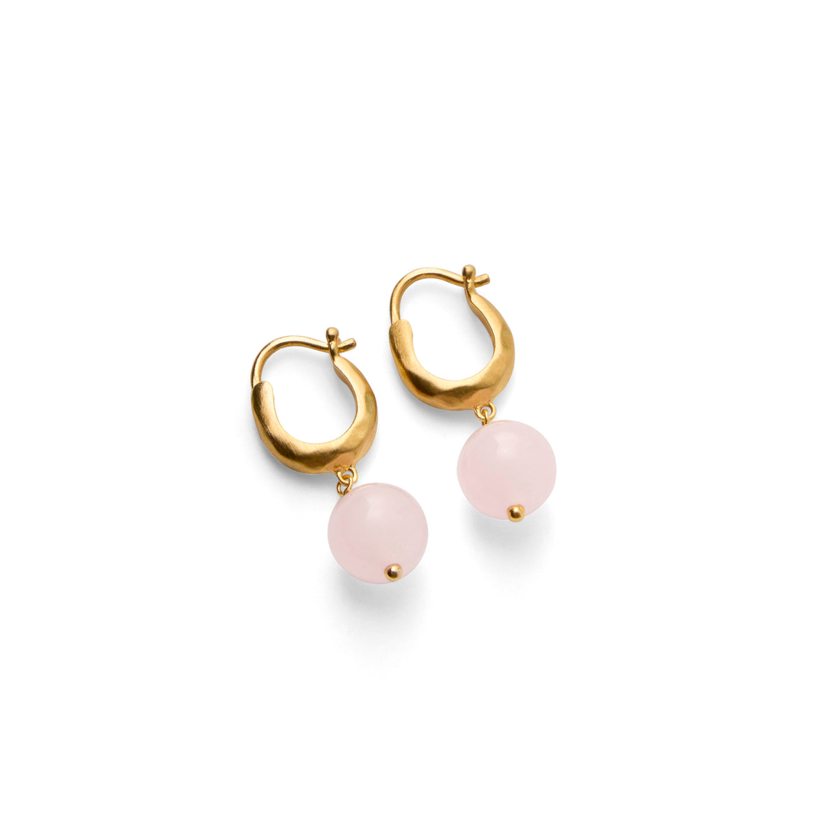 Pernille Corydon Blush gold-plated earrings with pink rose quartz, elegant gold hoops. Model E-526-GP