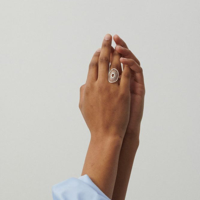 Pernille Corydon Daylight Signature Ring in silver displayed on hand, elegant and detailed, Model r-572-s-001