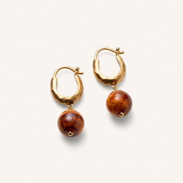 Pernille Corydon Earth Earrings in gold-plated silver with round, brown pendants, Model E-322-GP.
