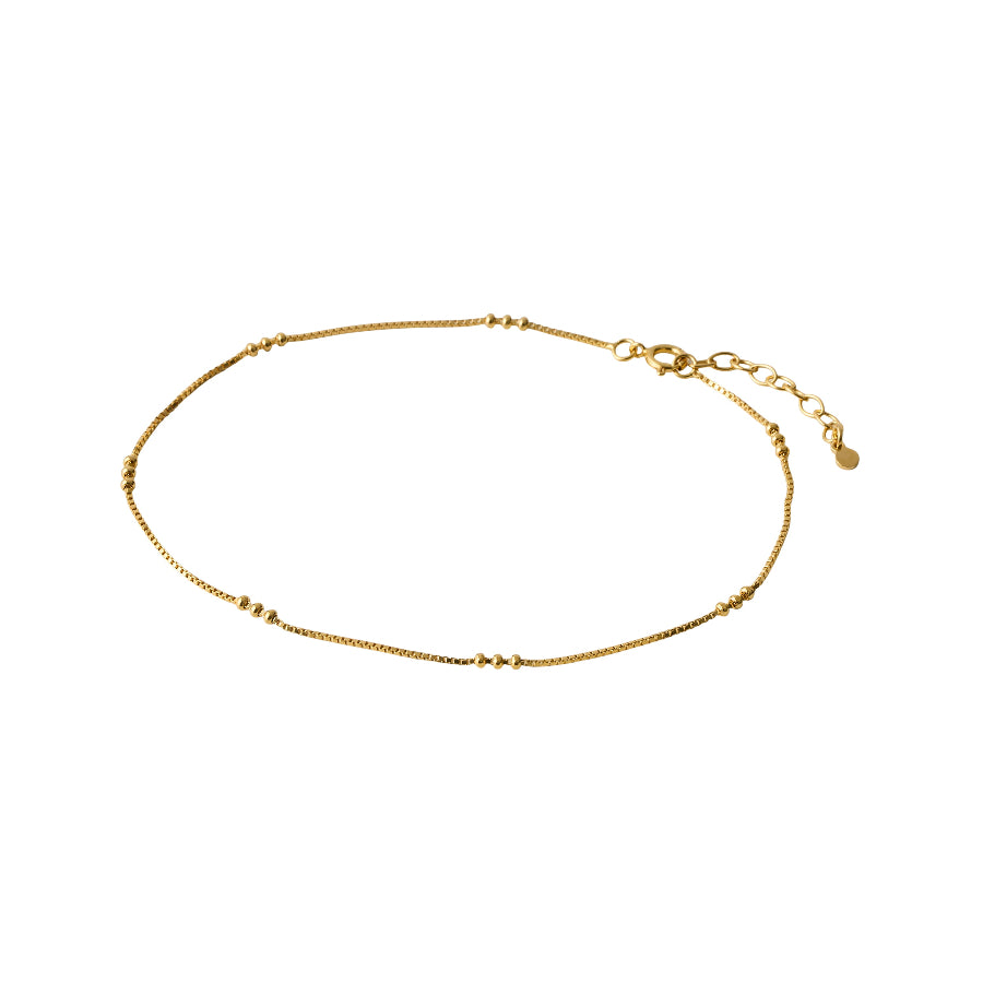 Pernille Corydon Eva Ankle chain gold-plated shows an elegant, thin gold chain with small details. Model A-721-GP-1.
