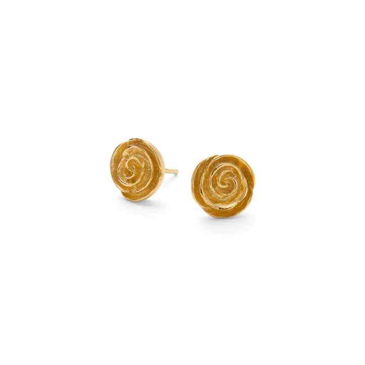 Pernille Corydon Medium Rose Gold Plated Stud Earrings appear as small, round designs in gold with a rosette pattern. Model E-536-GP
