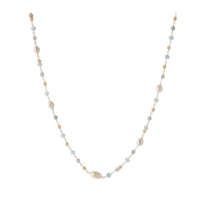 Pernille Corydon Mellow Blue Necklace Silver shows an elegant chain with blue, pink and white stones, Model N-375-s-1.