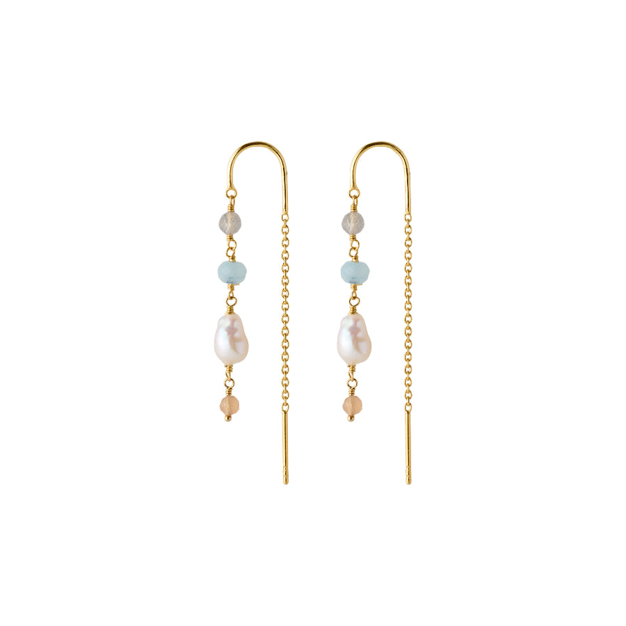 Pernille Corydon Mellow Blue Earrings gold plated shows a pair of chain earrings with blue stones and pearls, Model e-375-gp-1.