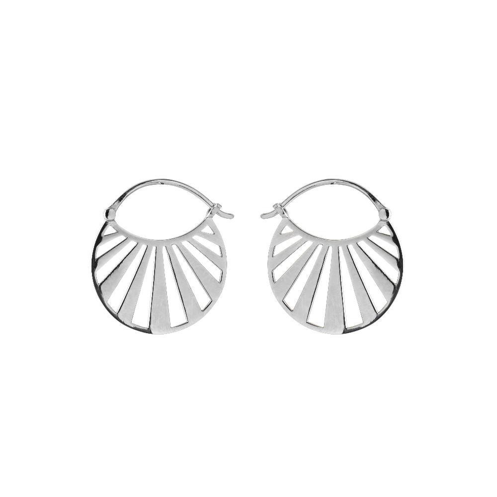Pernille Corydon Misty Light Silver Creoles 24 mm, elegant earrings in polished silver with sunbeam design. Model E-614-S