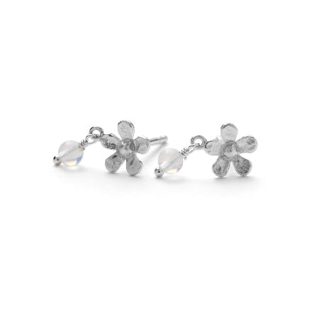 Pernille Corydon Moonstone Poppy earrings in silver with floral design and drop-shaped stone, Model E-370-S
