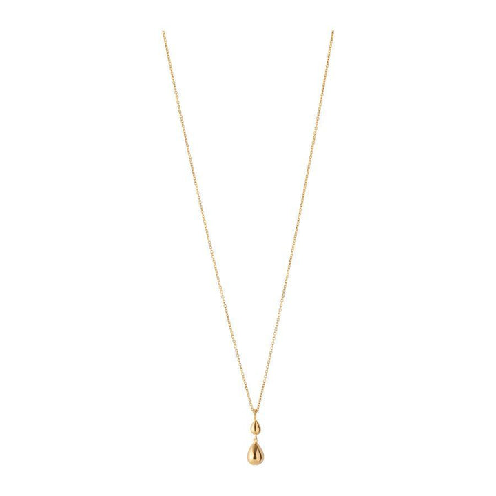 Pernille Corydon Rain gold-plated necklace with drop pendant in glossy gold finish on white background. Model N-304-GP-1