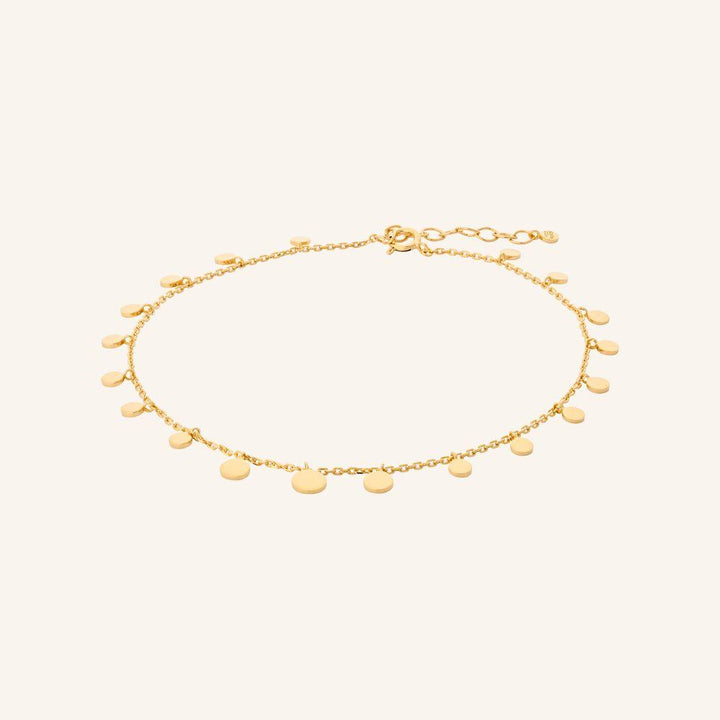 Pernille Corydon Sheen gold plated ankle chain with small shiny pendants, single chain. Model A-315-GP.