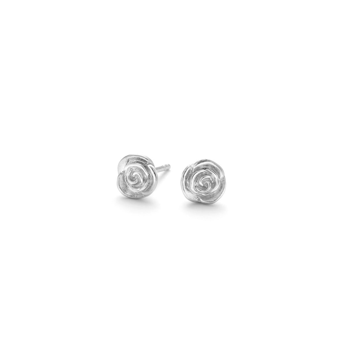 Pernille Corydon Small Rose earrings in silver, small rose spirals in shiny metal seen from the front. Model E-535-S.