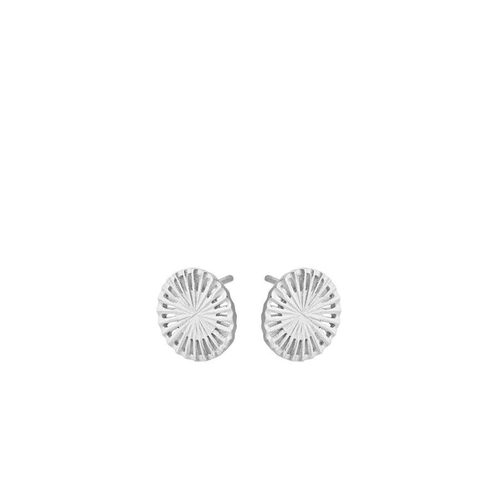 Pernille Corydon Starlight Earrings in silver with detailed round sun-inspired surface, Model E-377-S.