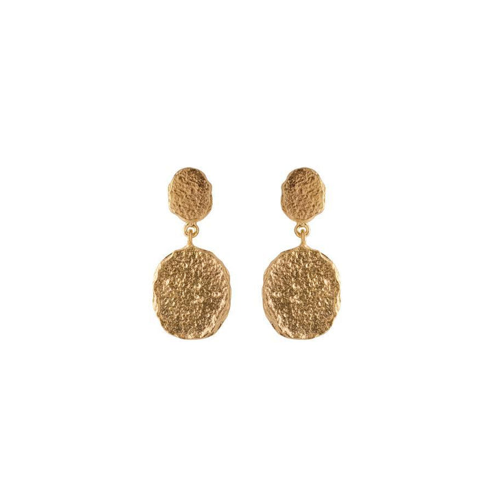 Pernille Corydon Storm Gold Plated Earrings, raw texture in gold look, two-piece design. Model E-048-GP-1