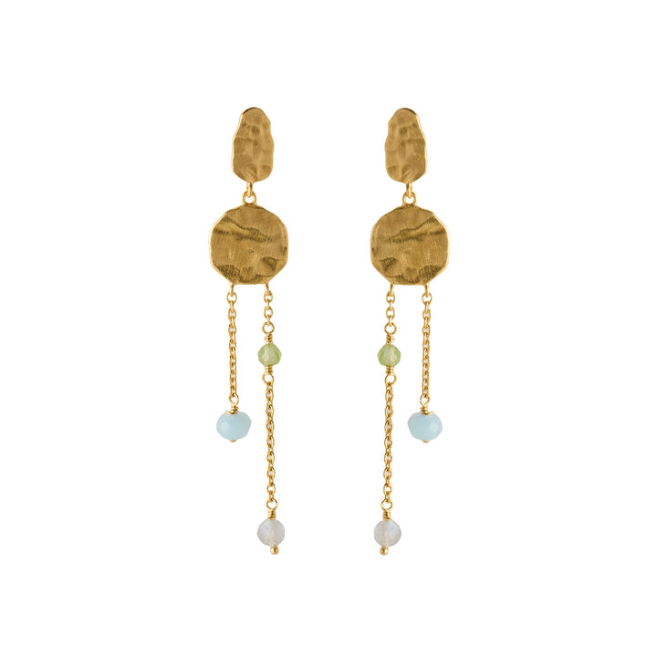 Pernille Corydon Summer Breeze earrings, gold plated with hammered surface and colored pearls. Model E-182-GP