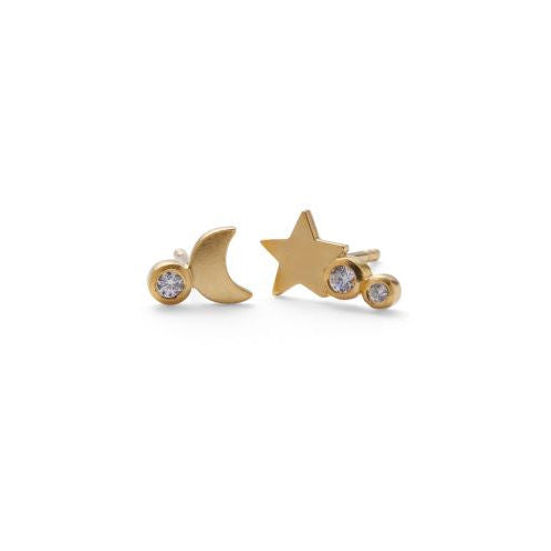 Pernille Corydon Twinkle Earrings in gold-plated with star and moon design on white background. Model E-468-GP