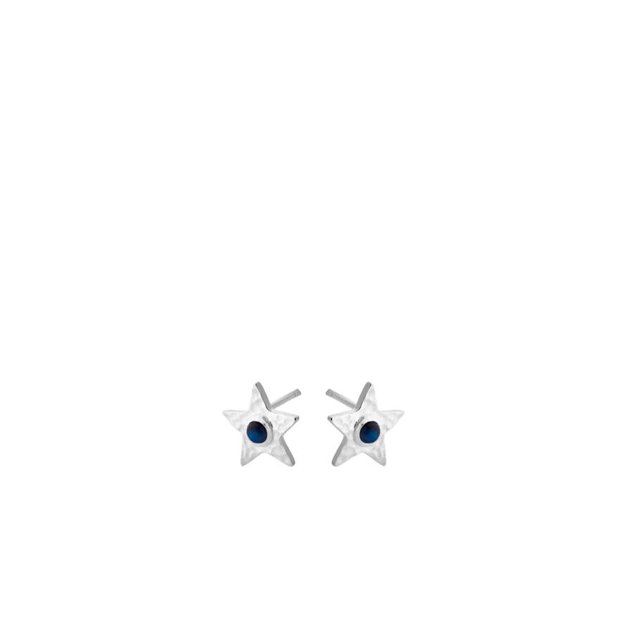 Pernille Corydon Twinkling Star earrings in silver, star-shaped design with blue stone detail. Model e-382-s